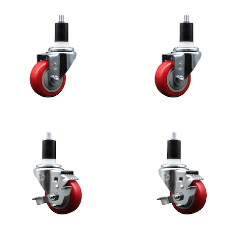 Service Caster 3'' Red Poly Wheel Swivel 1-1/2'' Expanding Stem Caster Set 2 Brakes, 4PK SCC-EX20S314-PPUB-RED-2-TLB-2-112